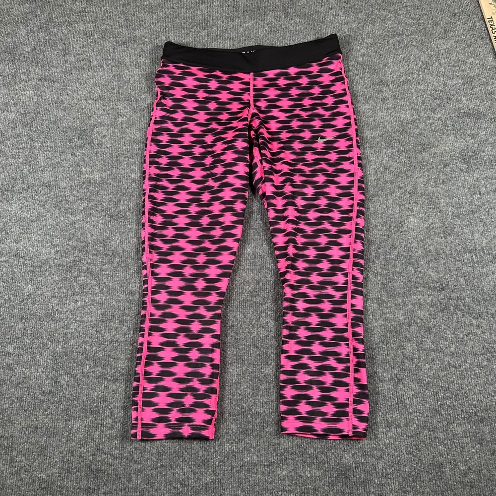 Nike Leggings Womens Size M Pink Black Dri-Fit Geometric Crop Athletic Running
